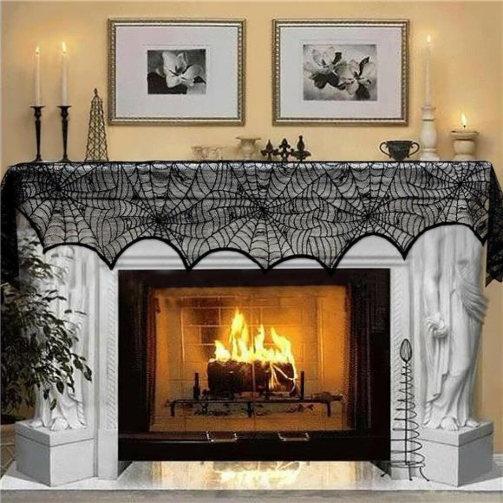 Black Lace Spiderweb Mantle Scarf - Halloween Fireplace‎ Cover, 45 x 243cm